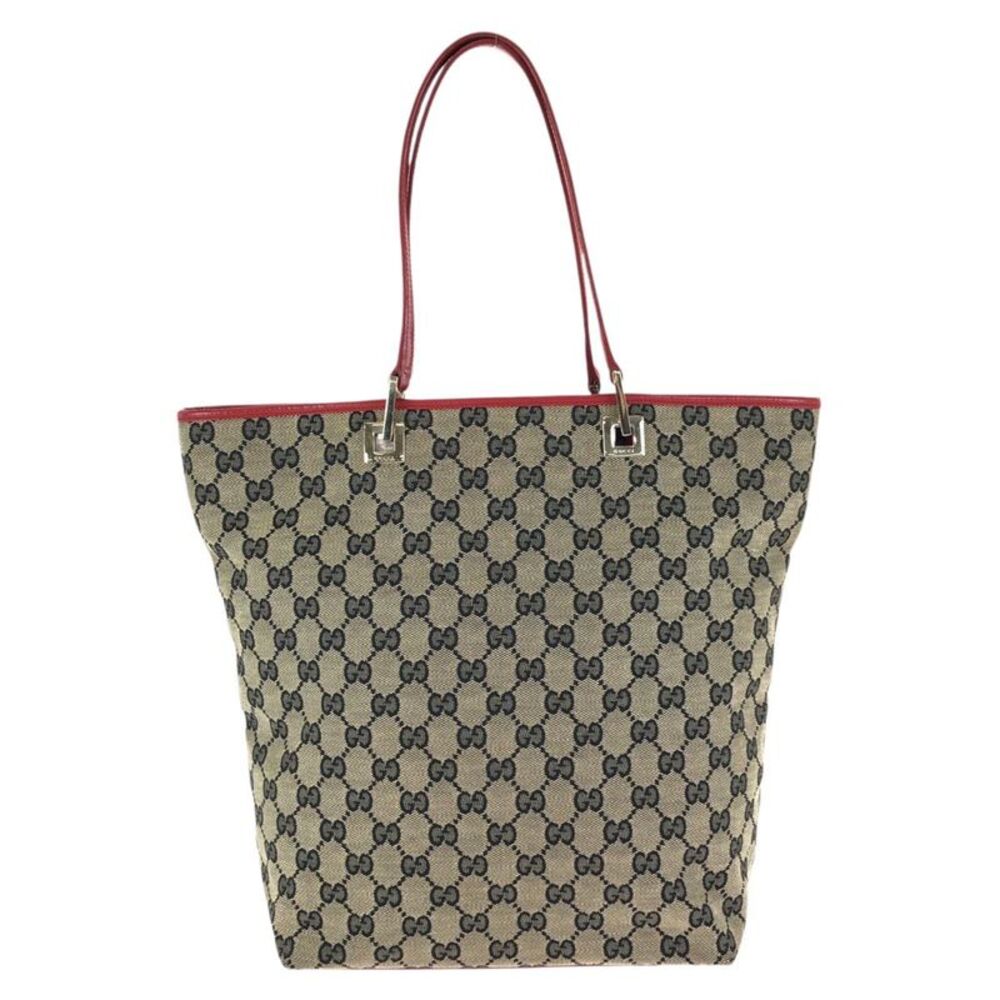 Gucci Beige Red GG Canvas Leather Tote Bag